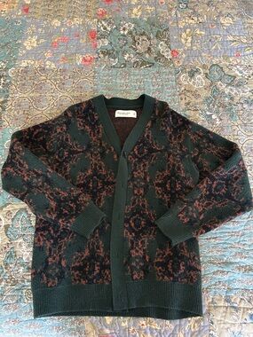 Dark Green and Rust Patterned Cardigan Sweater